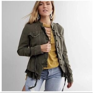 Free People Jacket‎ Womens Small S Emilia Victorian Lace Ruffle Military Green
